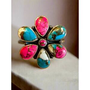 Cotton Candy Turquoise Cluster Flower Ring Sterling Size 7